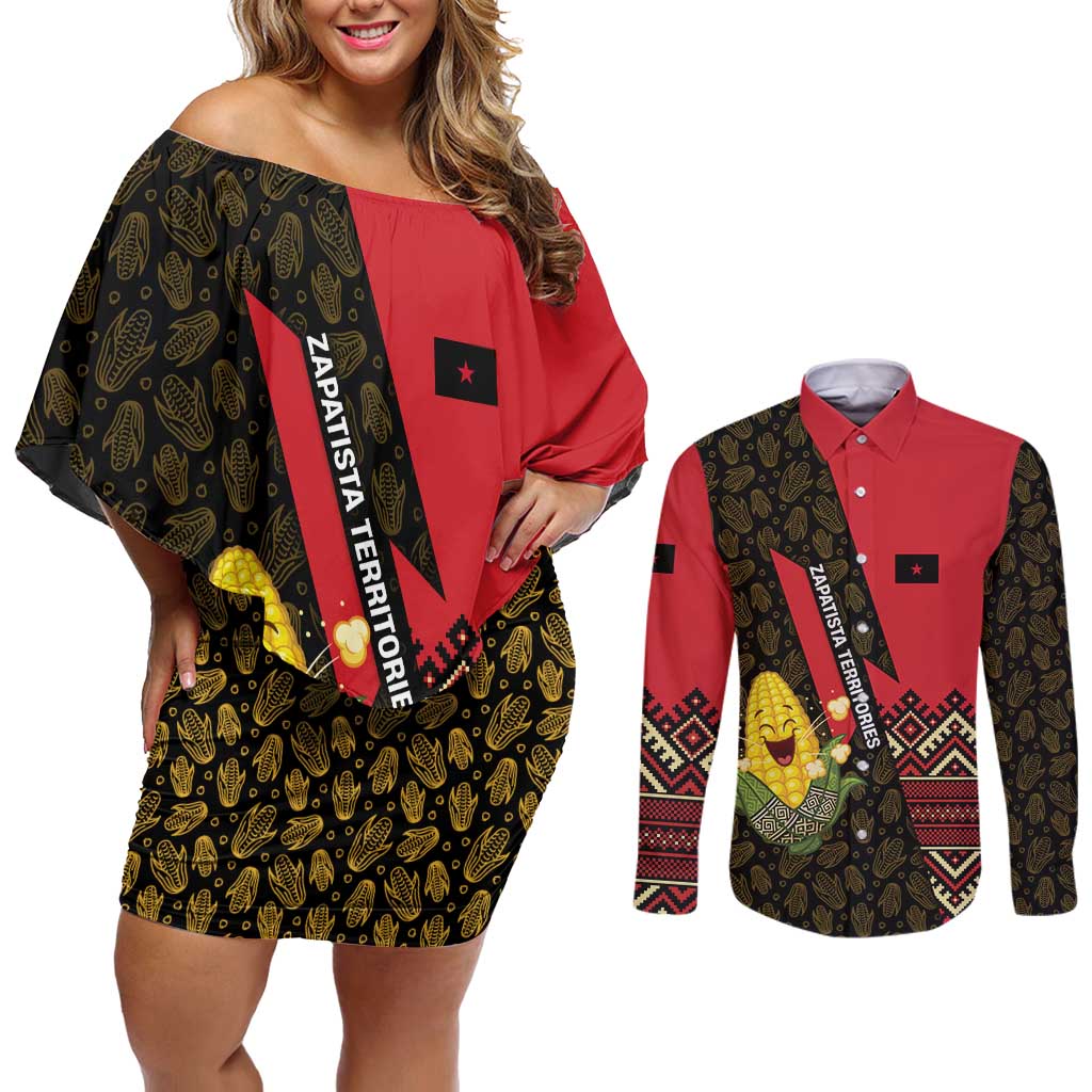 Zapatista Territories Couples Matching Off Shoulder Short Dress and Long Sleeve Button Shirt Mexico with Corn Graphic and Indigenous Pattern Semillas de Libertad - Wonder Print Shop