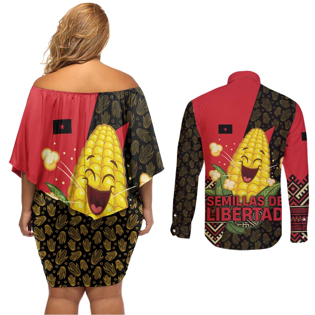 Zapatista Territories Couples Matching Off Shoulder Short Dress and Long Sleeve Button Shirt Mexico with Corn Graphic and Indigenous Pattern Semillas de Libertad - Wonder Print Shop