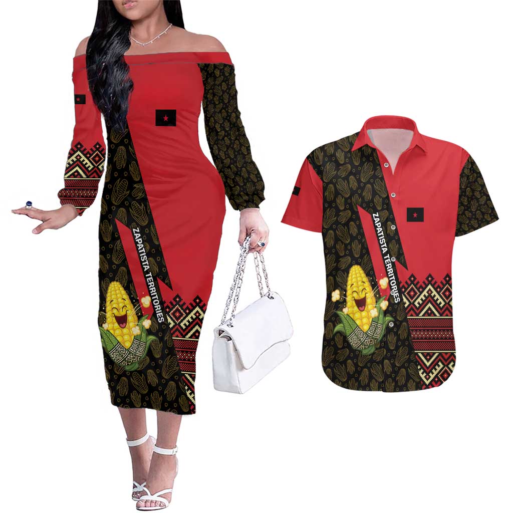 Zapatista Territories Couples Matching Off The Shoulder Long Sleeve Dress and Hawaiian Shirt Mexico with Corn Graphic and Indigenous Pattern Semillas de Libertad - Wonder Print Shop