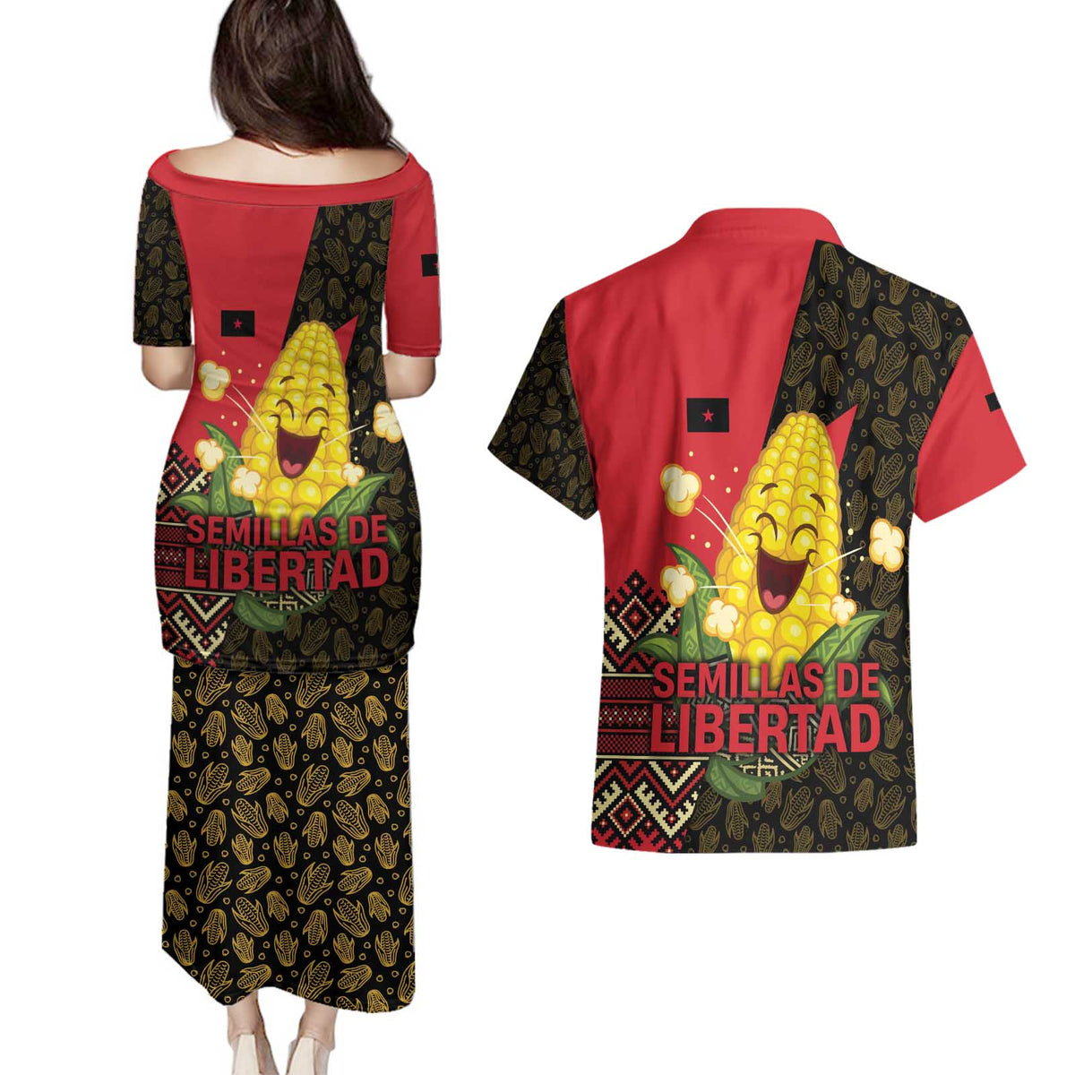 Zapatista Territories Couples Matching Puletasi and Hawaiian Shirt Mexico with Corn Graphic and Indigenous Pattern Semillas de Libertad - Wonder Print Shop