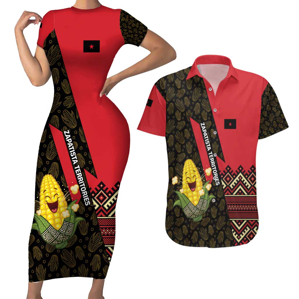 Zapatista Territories Couples Matching Short Sleeve Bodycon Dress and Hawaiian Shirt Mexico with Corn Graphic and Indigenous Pattern Semillas de Libertad - Wonder Print Shop