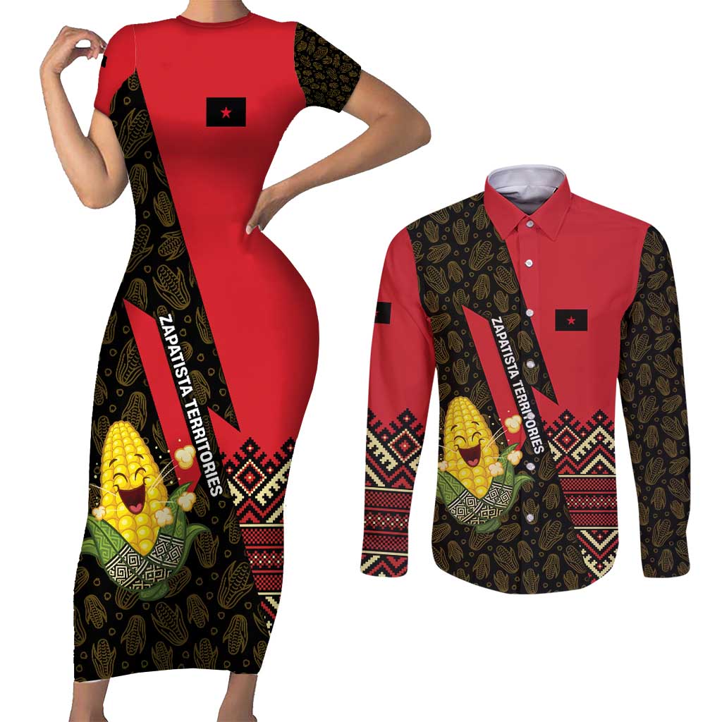 Zapatista Territories Couples Matching Short Sleeve Bodycon Dress and Long Sleeve Button Shirt Mexico with Corn Graphic and Indigenous Pattern Semillas de Libertad - Wonder Print Shop