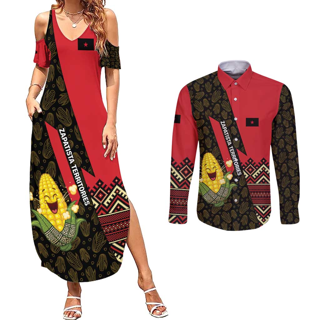 Zapatista Territories Couples Matching Summer Maxi Dress and Long Sleeve Button Shirt Mexico with Corn Graphic and Indigenous Pattern Semillas de Libertad - Wonder Print Shop