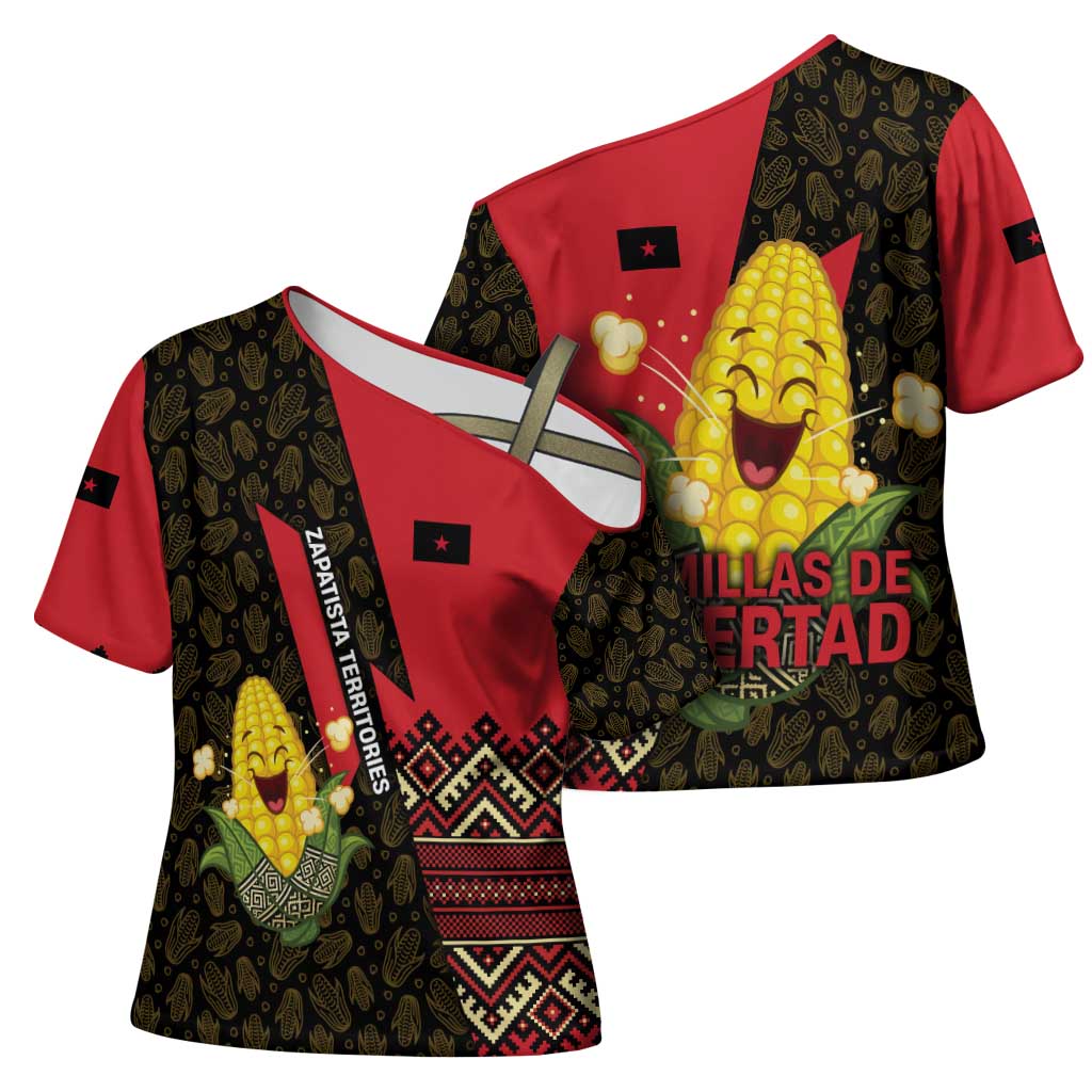 Zapatista Territories Cross Shoulder Shirt Mexico with Corn Graphic and Indigenous Pattern Semillas de Libertad - Wonder Print Shop