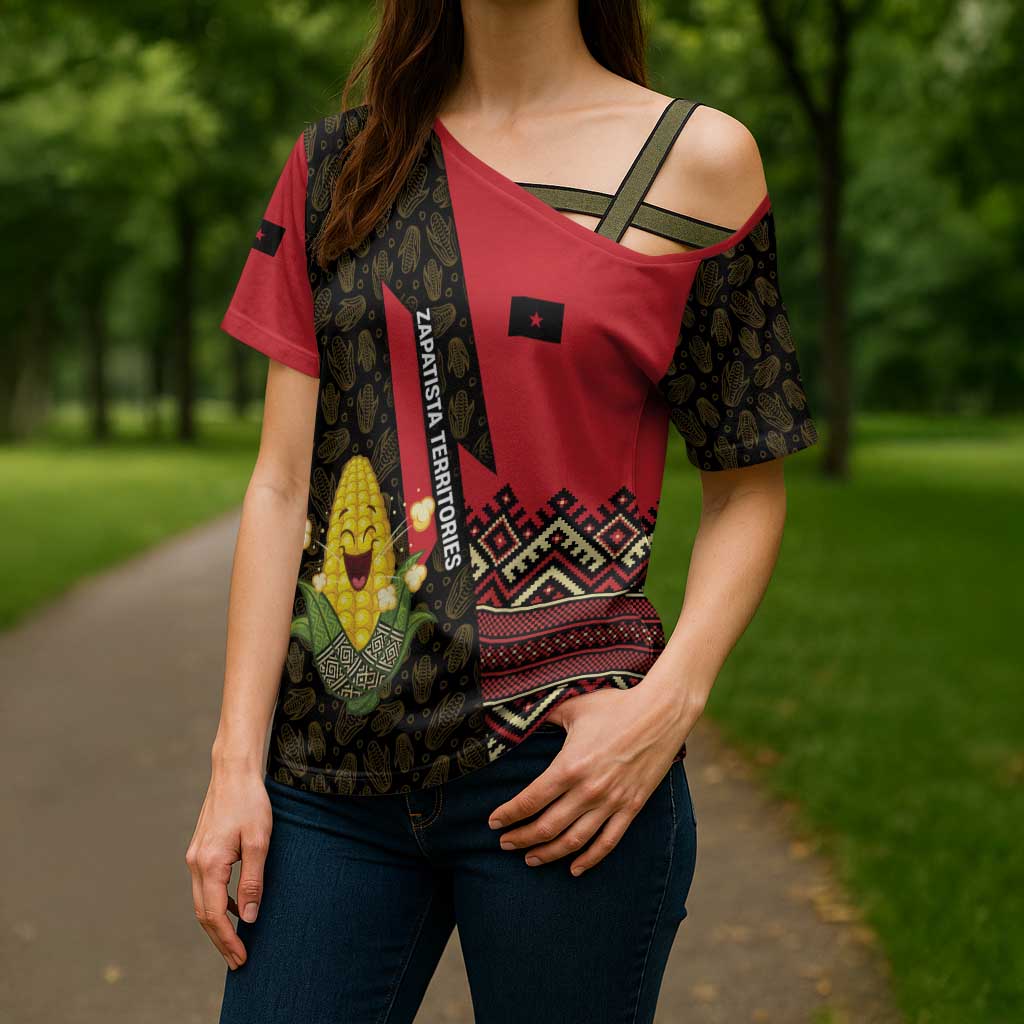 Zapatista Territories Cross Shoulder Shirt Mexico with Corn Graphic and Indigenous Pattern Semillas de Libertad - Wonder Print Shop