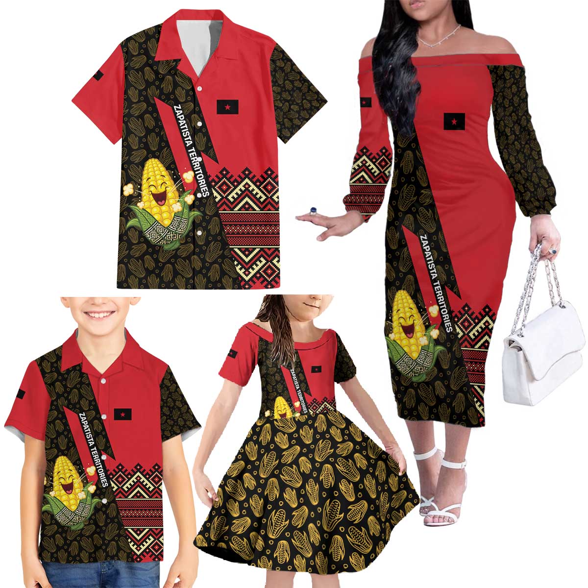 Zapatista Territories Family Matching Off The Shoulder Long Sleeve Dress and Hawaiian Shirt Mexico with Corn Graphic and Indigenous Pattern Semillas de Libertad - Wonder Print Shop