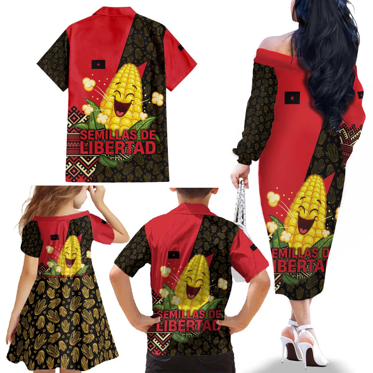 Zapatista Territories Family Matching Off The Shoulder Long Sleeve Dress and Hawaiian Shirt Mexico with Corn Graphic and Indigenous Pattern Semillas de Libertad - Wonder Print Shop