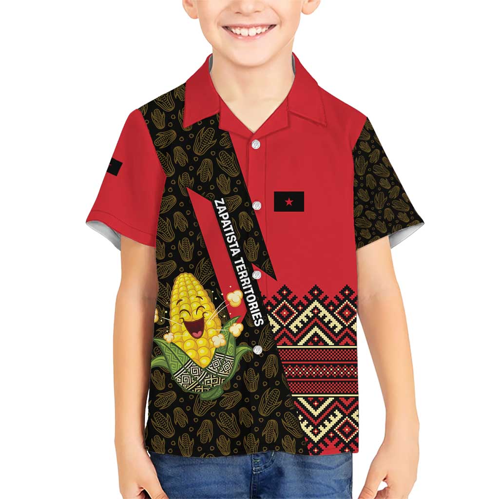Zapatista Territories Kid Hawaiian Shirt Mexico with Corn Graphic and Indigenous Pattern Semillas de Libertad - Wonder Print Shop