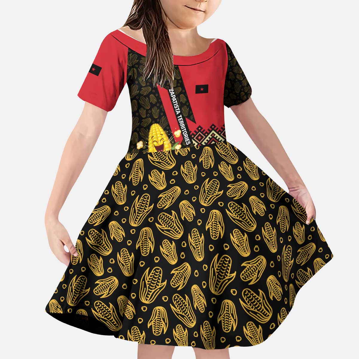 Zapatista Territories Kid Short Sleeve Dress Mexico with Corn Graphic and Indigenous Pattern Semillas de Libertad - Wonder Print Shop