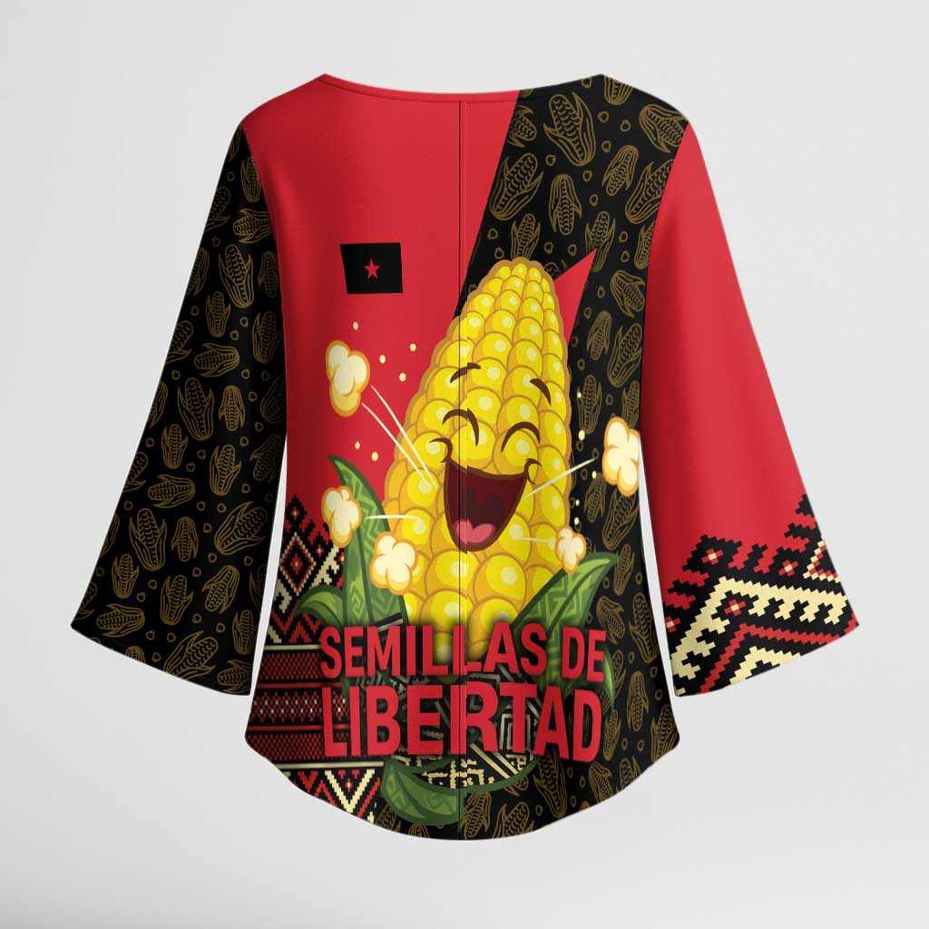 Zapatista Territories Kimono Sleeve Blouse Mexico with Corn Graphic and Indigenous Pattern Semillas de Libertad - Wonder Print Shop