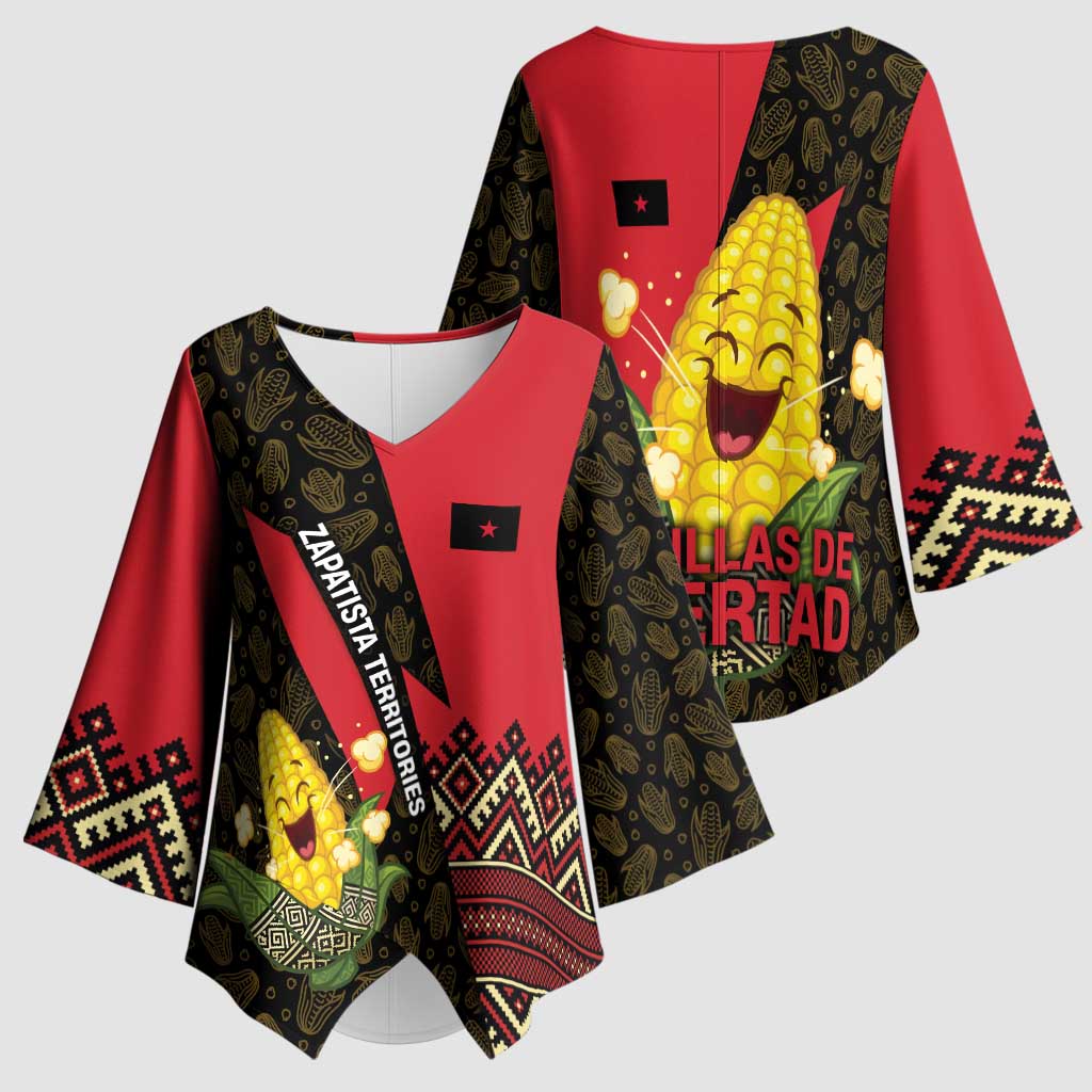 Zapatista Territories Kimono Sleeve Blouse Mexico with Corn Graphic and Indigenous Pattern Semillas de Libertad - Wonder Print Shop