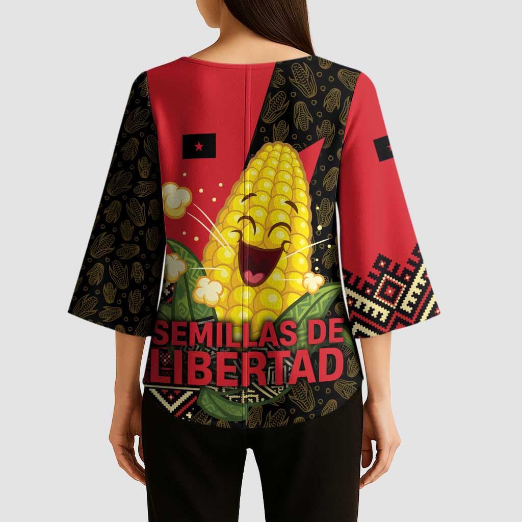 Zapatista Territories Kimono Sleeve Blouse Mexico with Corn Graphic and Indigenous Pattern Semillas de Libertad - Wonder Print Shop