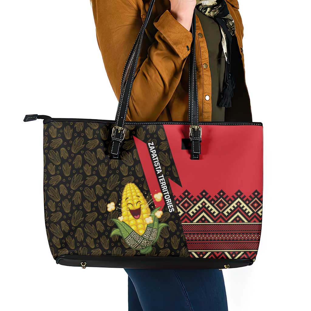 Zapatista Territories Leather Tote Bag Mexico with Corn Graphic and Indigenous Pattern Semillas de Libertad - Wonder Print Shop