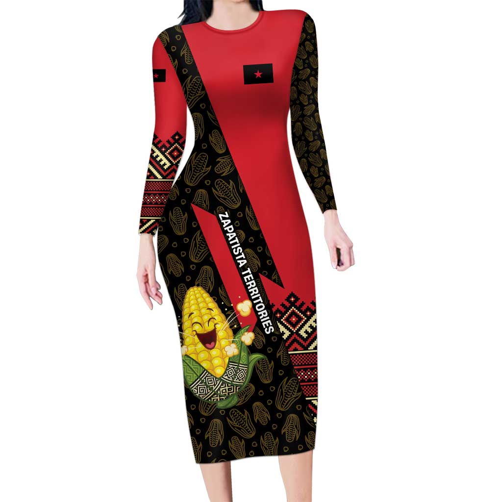 Zapatista Territories Long Sleeve Bodycon Dress Mexico with Corn Graphic and Indigenous Pattern Semillas de Libertad - Wonder Print Shop