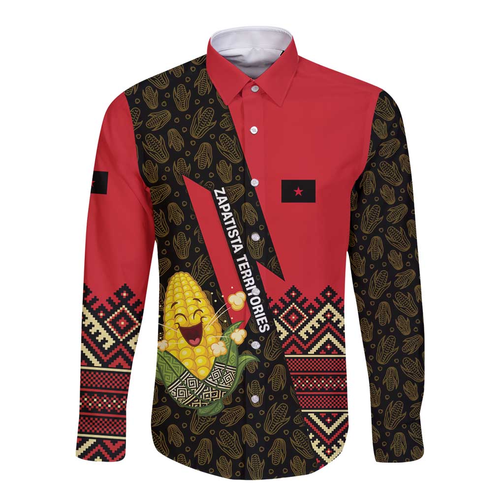 Zapatista Territories Long Sleeve Button Shirt Mexico with Corn Graphic and Indigenous Pattern Semillas de Libertad - Wonder Print Shop