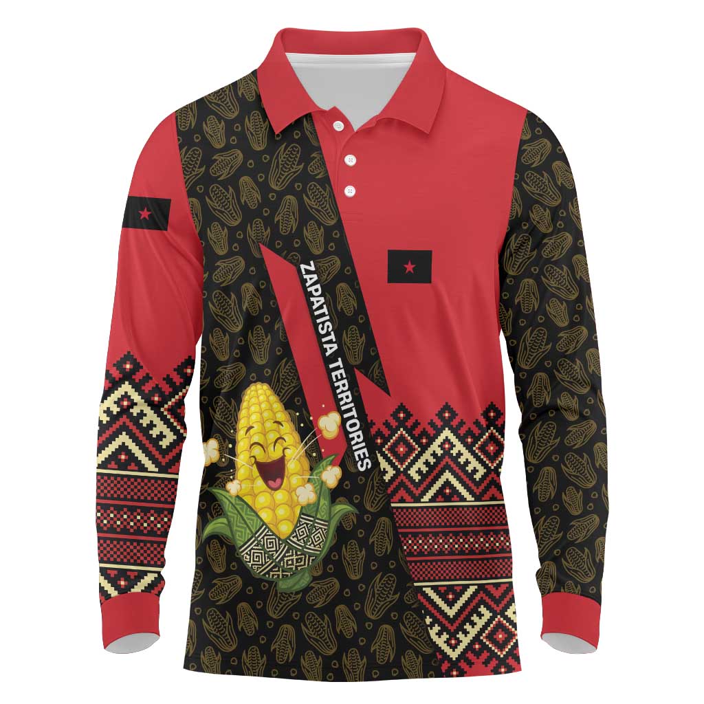 Zapatista Territories Long Sleeve Polo Shirt Mexico with Corn Graphic and Indigenous Pattern Semillas de Libertad - Wonder Print Shop