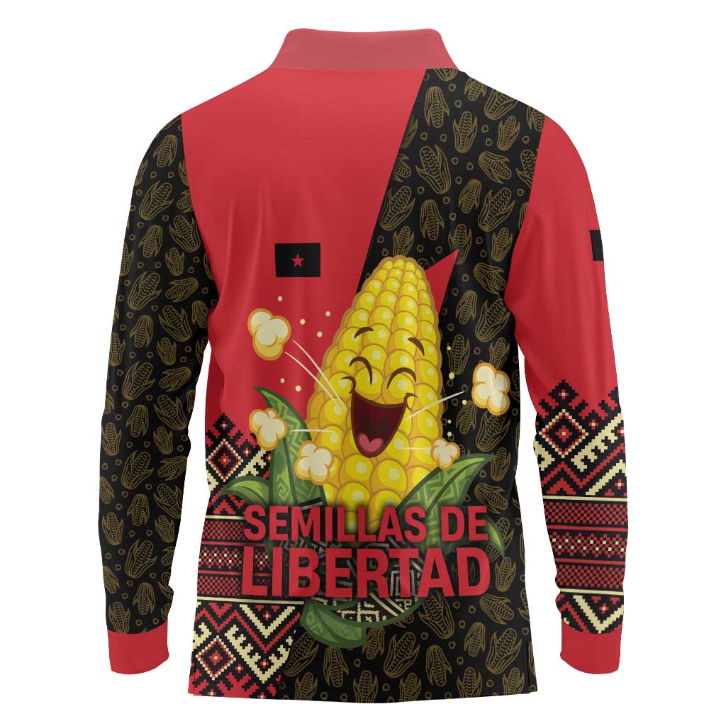Zapatista Territories Long Sleeve Polo Shirt Mexico with Corn Graphic and Indigenous Pattern Semillas de Libertad - Wonder Print Shop