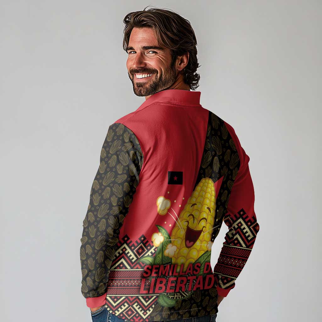 Zapatista Territories Long Sleeve Polo Shirt Mexico with Corn Graphic and Indigenous Pattern Semillas de Libertad - Wonder Print Shop