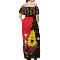 Zapatista Territories Off Shoulder Maxi Dress Mexico with Corn Graphic and Indigenous Pattern Semillas de Libertad - Wonder Print Shop