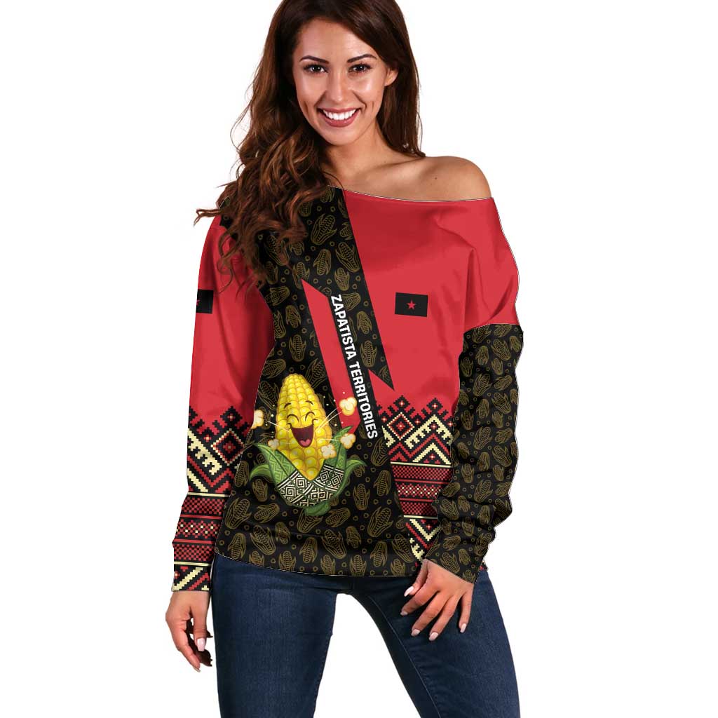 Zapatista Territories Off Shoulder Sweater Mexico with Corn Graphic and Indigenous Pattern Semillas de Libertad - Wonder Print Shop