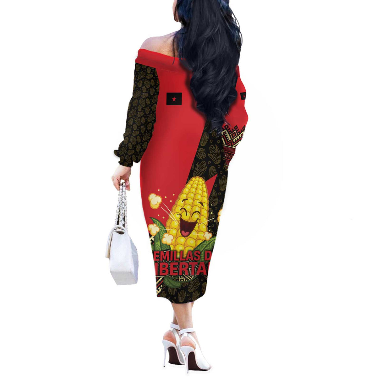 Zapatista Territories Off The Shoulder Long Sleeve Dress Mexico with Corn Graphic and Indigenous Pattern Semillas de Libertad - Wonder Print Shop