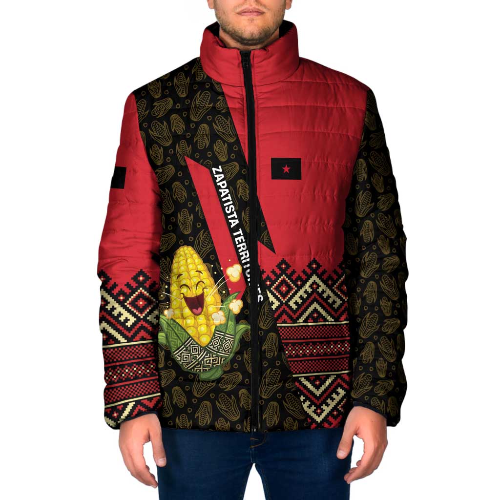 Zapatista Territories Padded Jacket Mexico with Corn Graphic and Indigenous Pattern Semillas de Libertad - Wonder Print Shop
