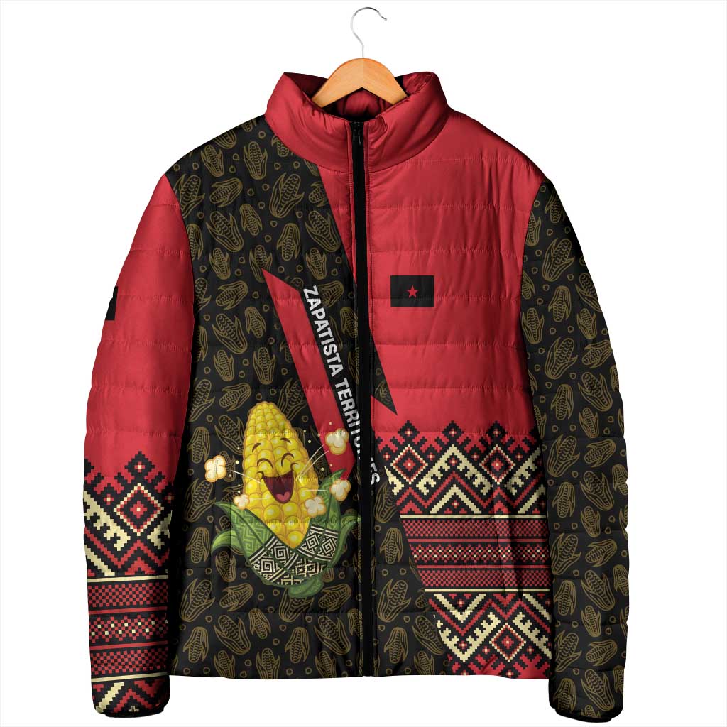 Zapatista Territories Padded Jacket Mexico with Corn Graphic and Indigenous Pattern Semillas de Libertad - Wonder Print Shop