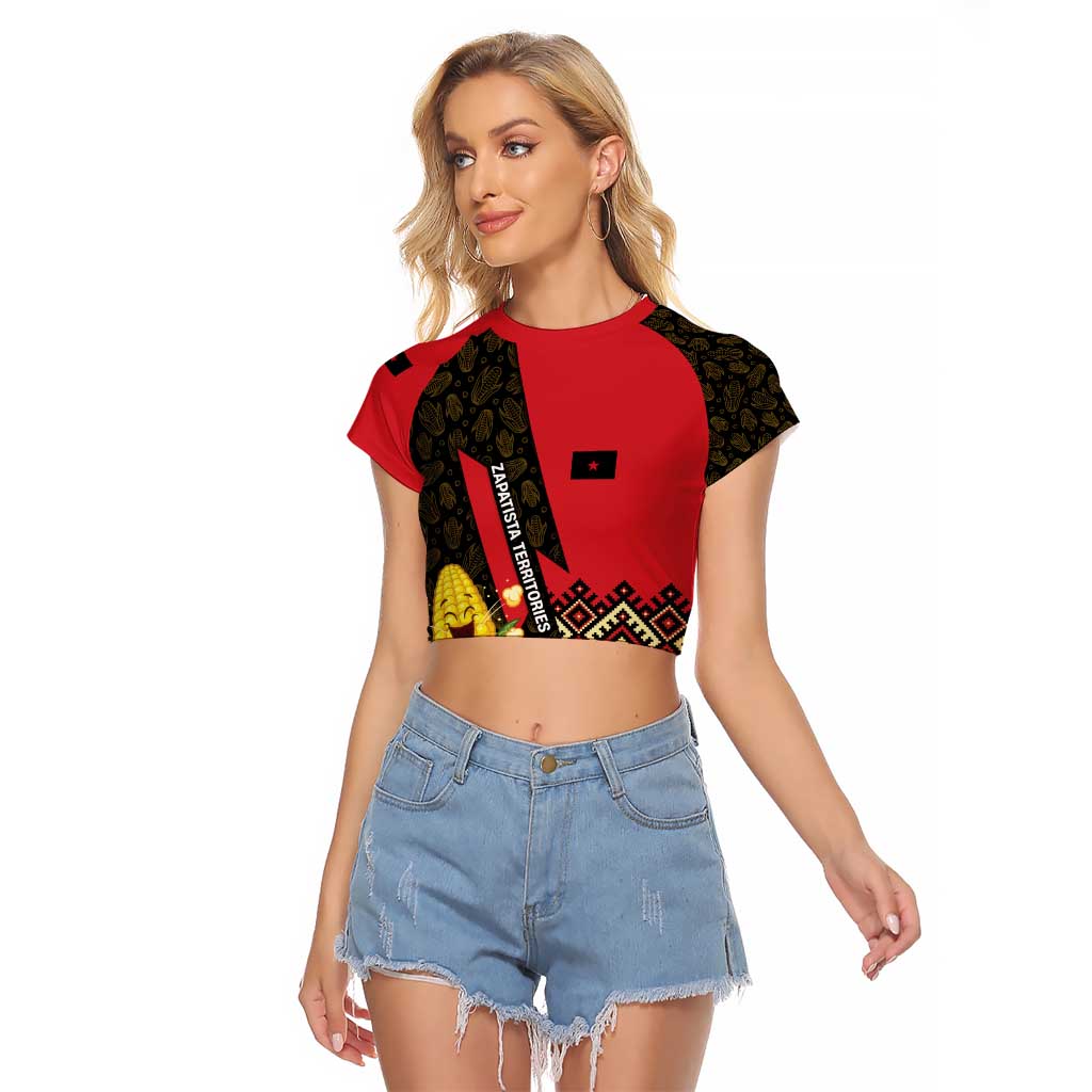 Zapatista Territories Raglan Cropped T Shirt Mexico with Corn Graphic and Indigenous Pattern Semillas de Libertad - Wonder Print Shop
