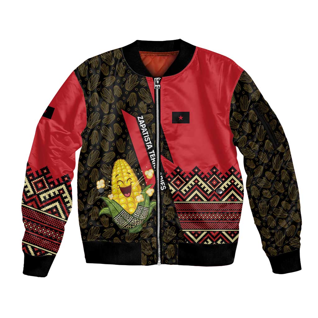 Zapatista Territories Sleeve Zip Bomber Jacket Mexico with Corn Graphic and Indigenous Pattern Semillas de Libertad - Wonder Print Shop