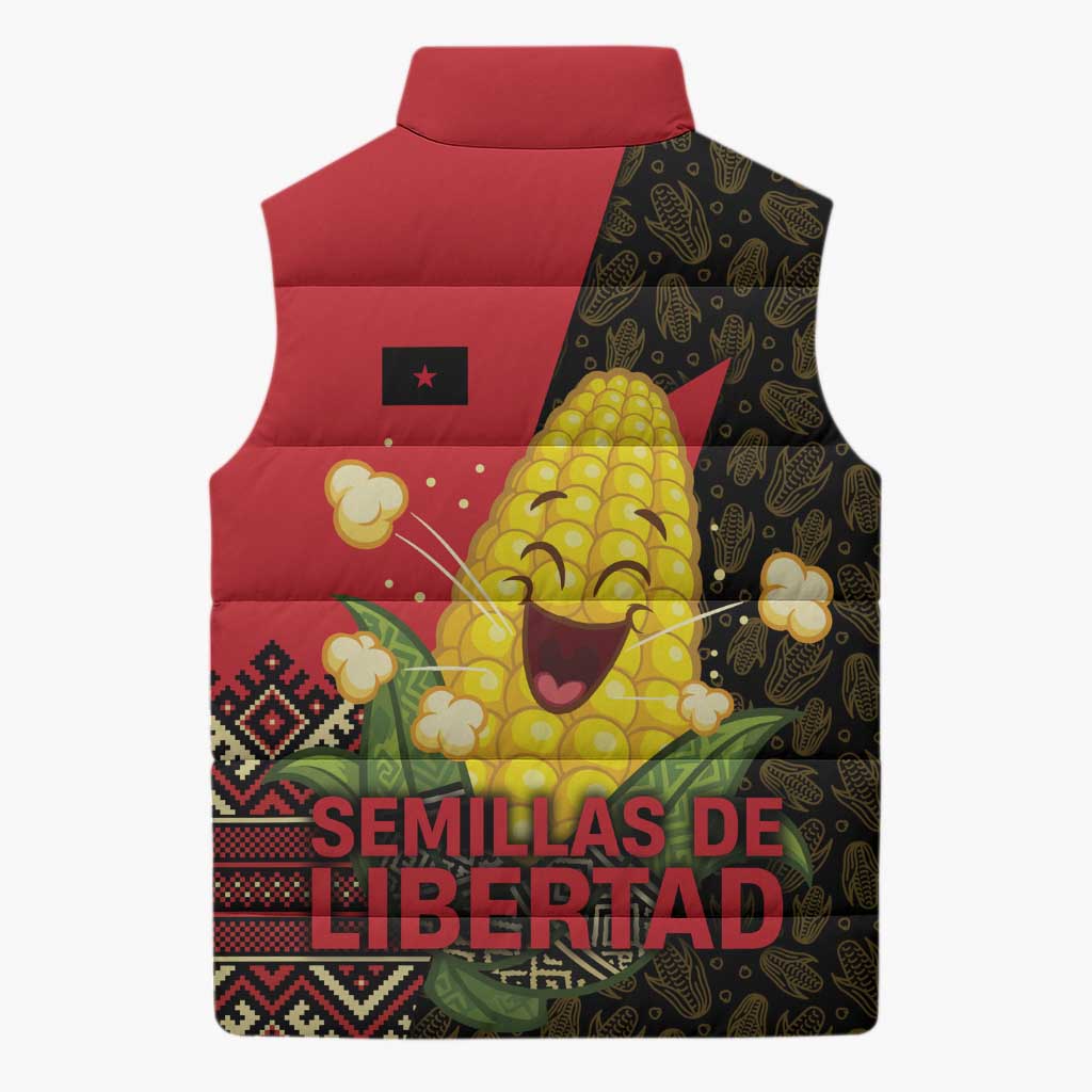 Zapatista Territories Sleeveless Puffer Jacket Mexico with Corn Graphic and Indigenous Pattern Semillas de Libertad - Wonder Print Shop
