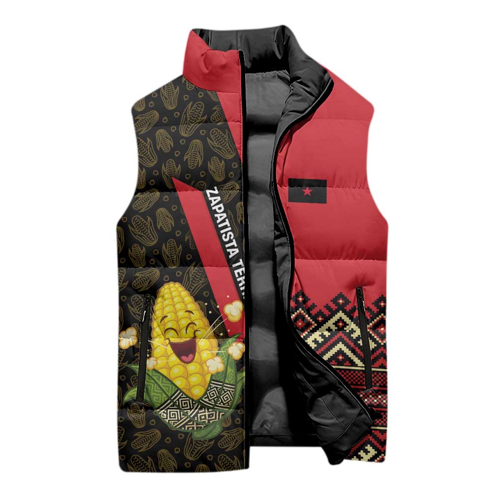 Zapatista Territories Sleeveless Puffer Jacket Mexico with Corn Graphic and Indigenous Pattern Semillas de Libertad - Wonder Print Shop