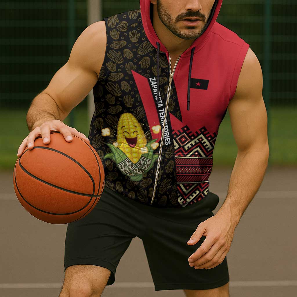 Zapatista Territories Sleeveless Zip Hoodie Mexico with Corn Graphic and Indigenous Pattern Semillas de Libertad - Wonder Print Shop