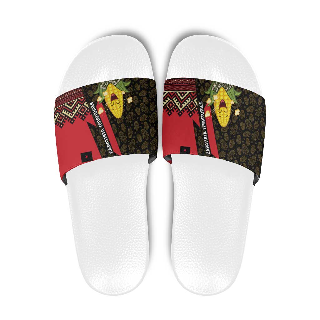 Zapatista Territories Slide Sandals Mexico with Corn Graphic and Indigenous Pattern Semillas de Libertad - Wonder Print Shop
