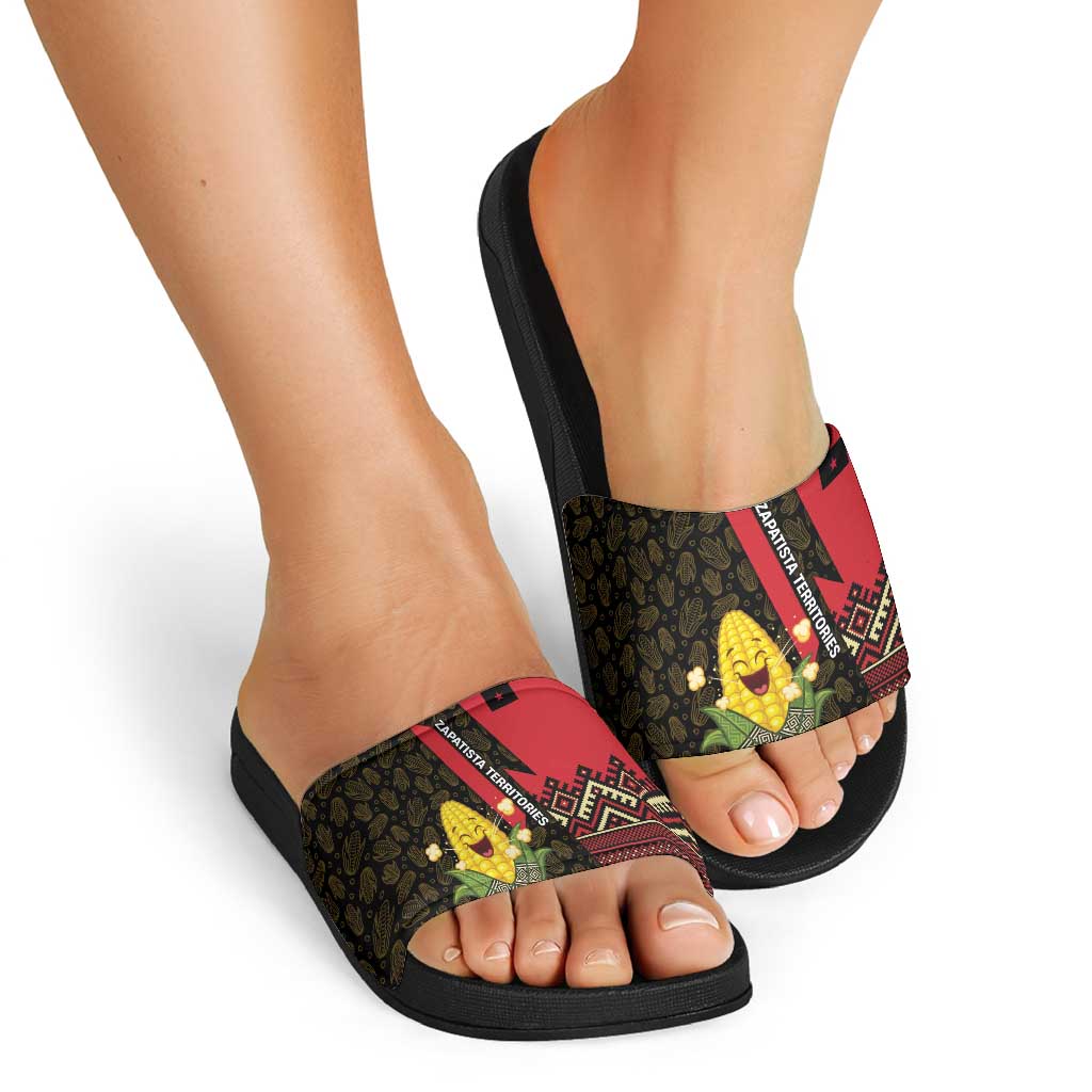 Zapatista Territories Slide Sandals Mexico with Corn Graphic and Indigenous Pattern Semillas de Libertad - Wonder Print Shop