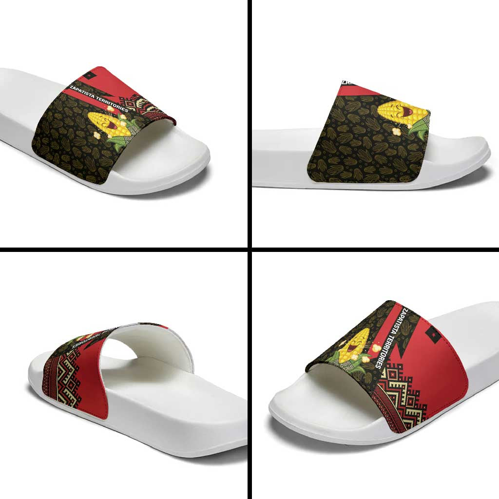 Zapatista Territories Slide Sandals Mexico with Corn Graphic and Indigenous Pattern Semillas de Libertad - Wonder Print Shop