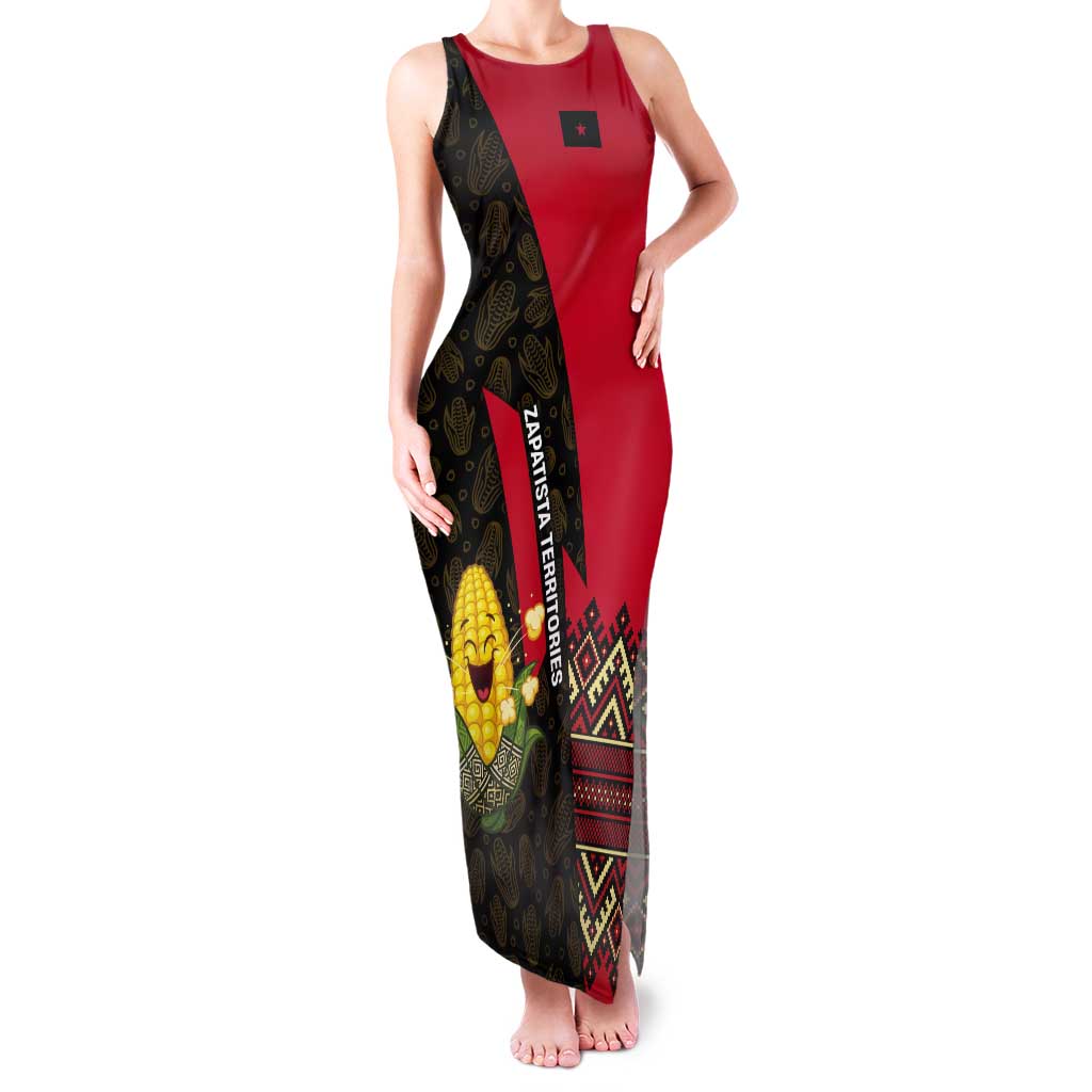 Zapatista Territories Tank Maxi Dress Mexico with Corn Graphic and Indigenous Pattern Semillas de Libertad - Wonder Print Shop
