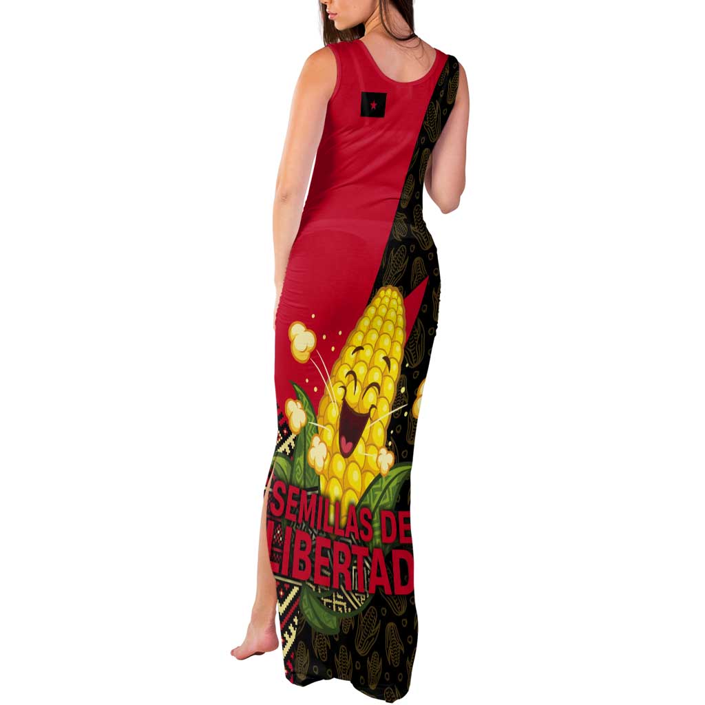 Zapatista Territories Tank Maxi Dress Mexico with Corn Graphic and Indigenous Pattern Semillas de Libertad - Wonder Print Shop