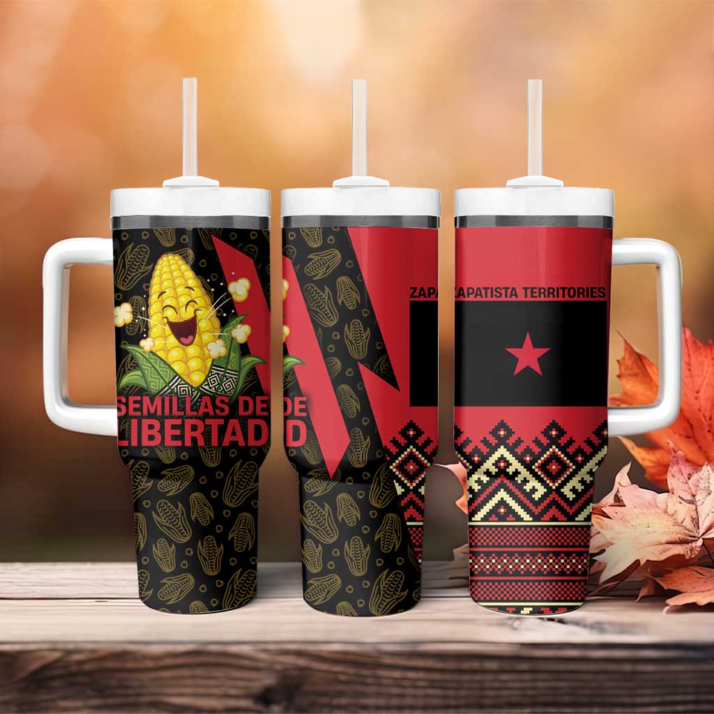 Zapatista Territories Tumbler With Handle Mexico with Corn Graphic and Indigenous Pattern Semillas de Libertad - Wonder Print Shop