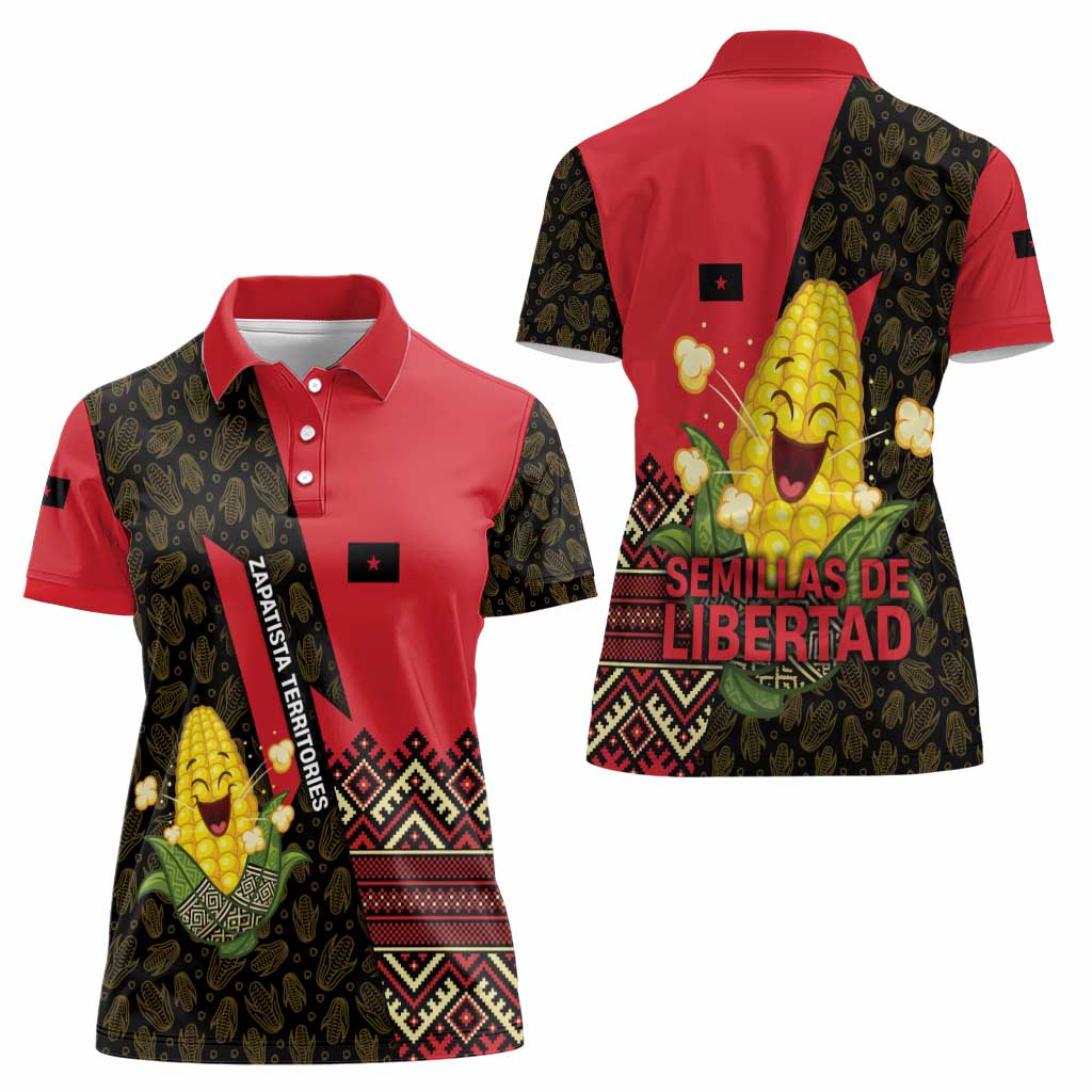 Zapatista Territories Women Polo Shirt Mexico with Corn Graphic and Indigenous Pattern Semillas de Libertad - Wonder Print Shop