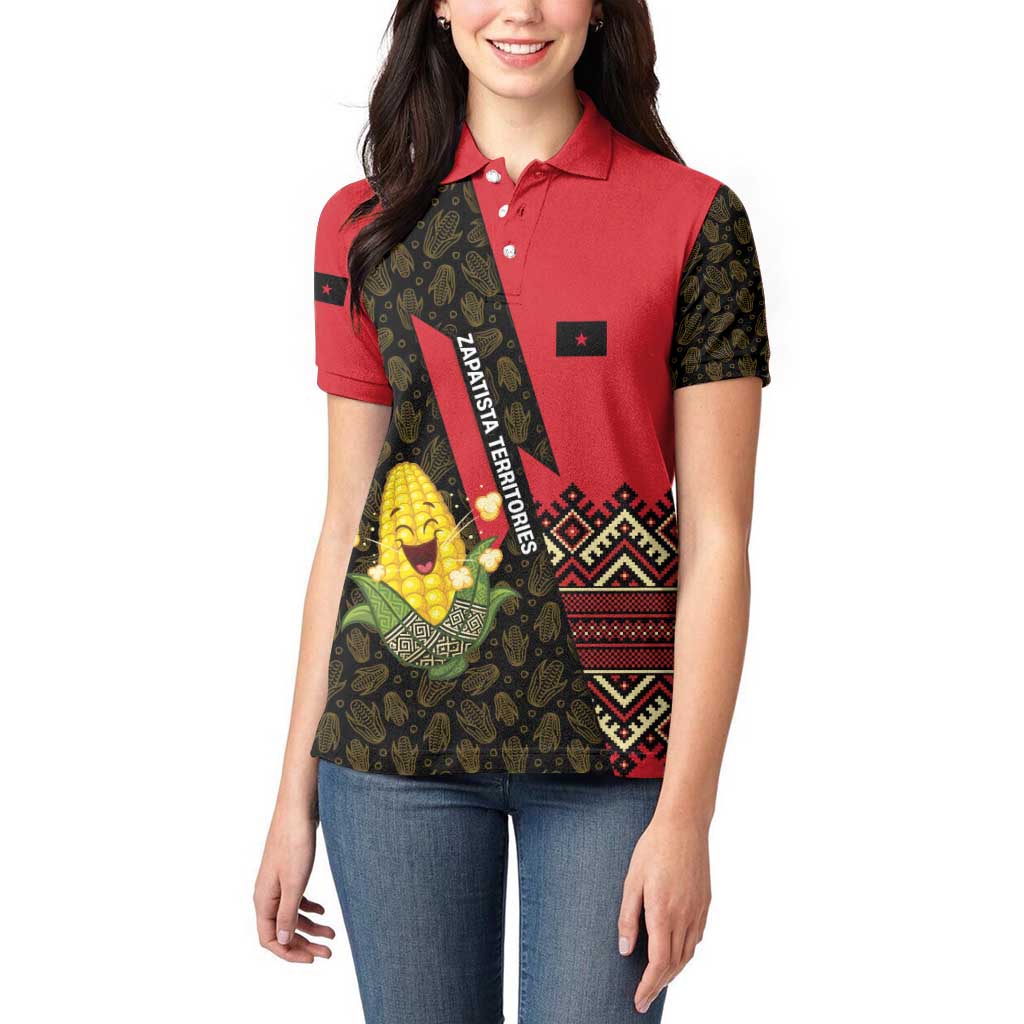 Zapatista Territories Women Polo Shirt Mexico with Corn Graphic and Indigenous Pattern Semillas de Libertad - Wonder Print Shop