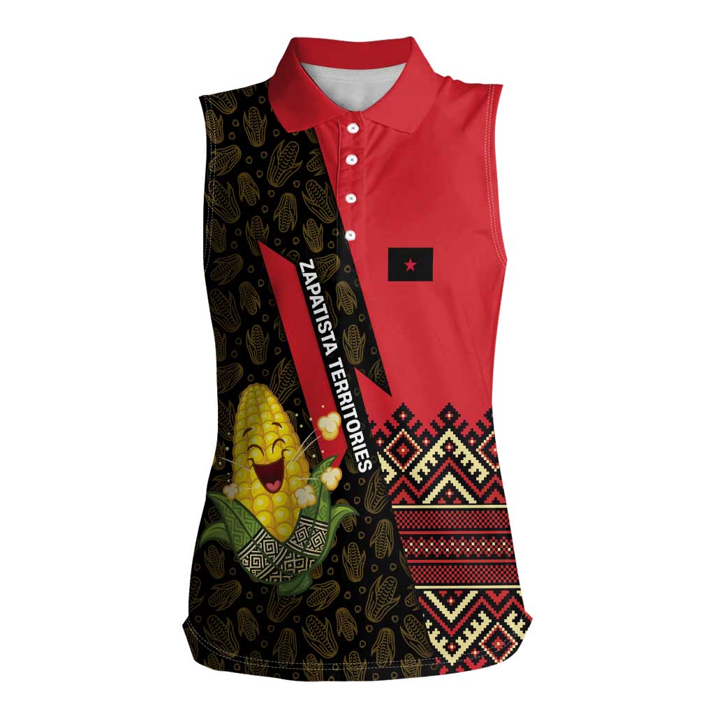 Zapatista Territories Women Sleeveless Polo Shirt Mexico with Corn Graphic and Indigenous Pattern Semillas de Libertad - Wonder Print Shop