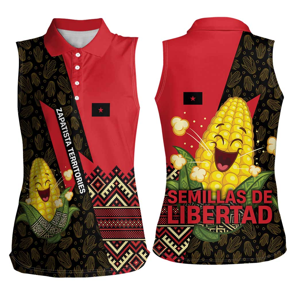 Zapatista Territories Women Sleeveless Polo Shirt Mexico with Corn Graphic and Indigenous Pattern Semillas de Libertad - Wonder Print Shop