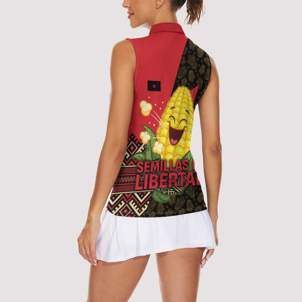 Zapatista Territories Women Sleeveless Polo Shirt Mexico with Corn Graphic and Indigenous Pattern Semillas de Libertad - Wonder Print Shop