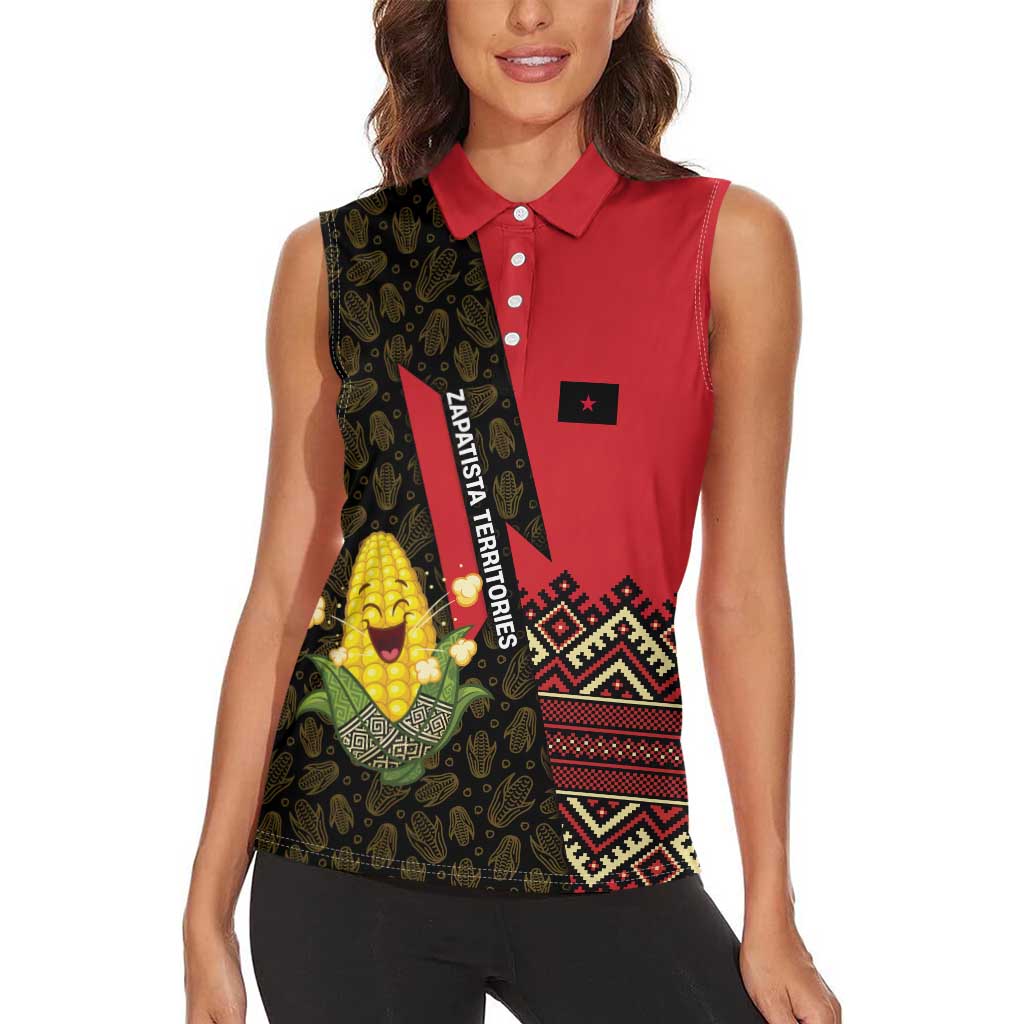 Zapatista Territories Women Sleeveless Polo Shirt Mexico with Corn Graphic and Indigenous Pattern Semillas de Libertad - Wonder Print Shop