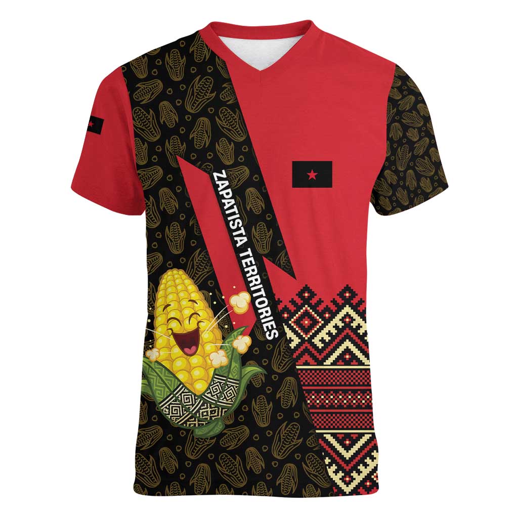 Zapatista Territories Women V-Neck T-Shirt Mexico with Corn Graphic and Indigenous Pattern Semillas de Libertad - Wonder Print Shop