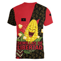 Zapatista Territories Women V-Neck T-Shirt Mexico with Corn Graphic and Indigenous Pattern Semillas de Libertad - Wonder Print Shop