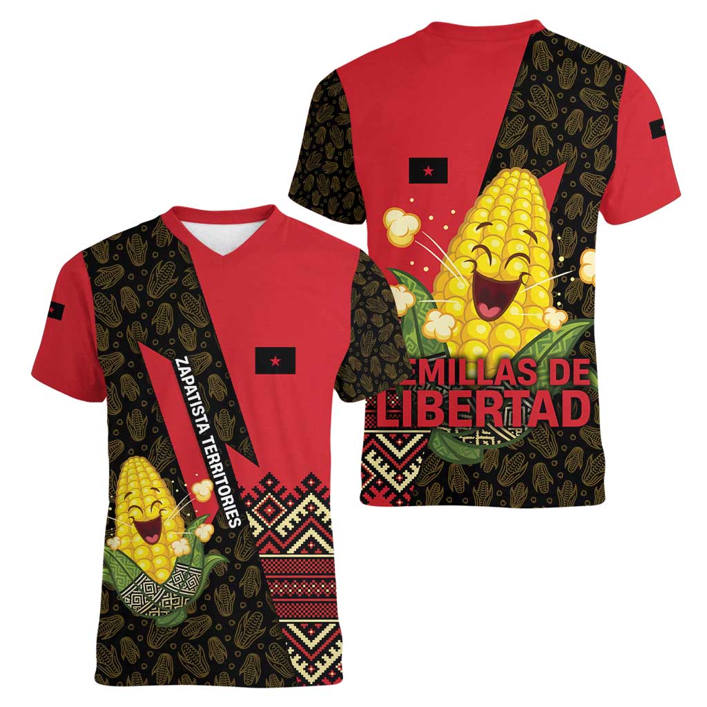 Zapatista Territories Women V-Neck T-Shirt Mexico with Corn Graphic and Indigenous Pattern Semillas de Libertad - Wonder Print Shop