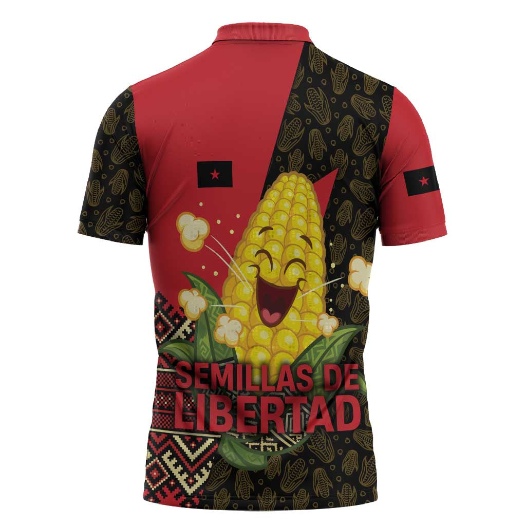 Zapatista Territories Zipper Polo Shirt Mexico with Corn Graphic and Indigenous Pattern Semillas de Libertad - Wonder Print Shop