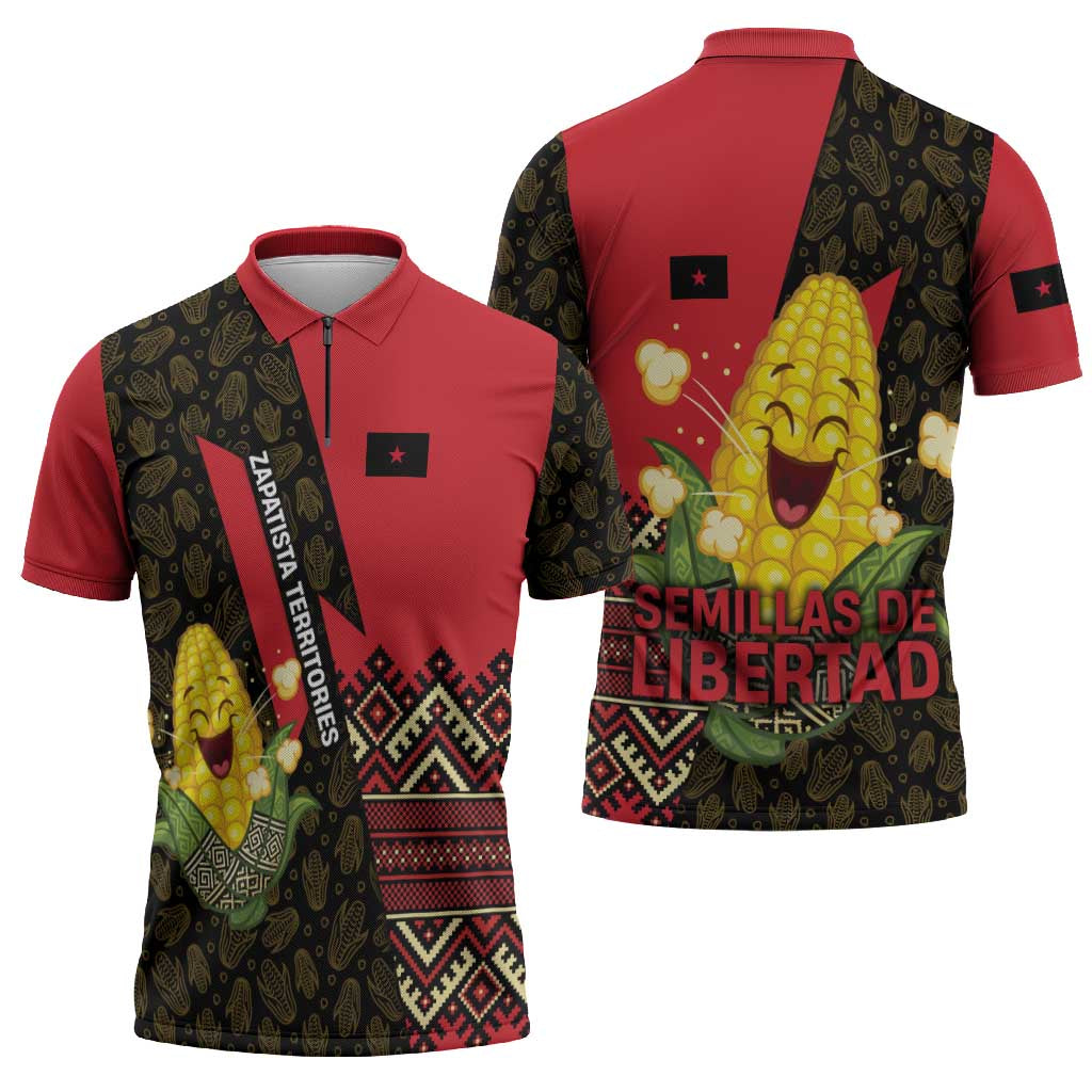 Zapatista Territories Zipper Polo Shirt Mexico with Corn Graphic and Indigenous Pattern Semillas de Libertad - Wonder Print Shop