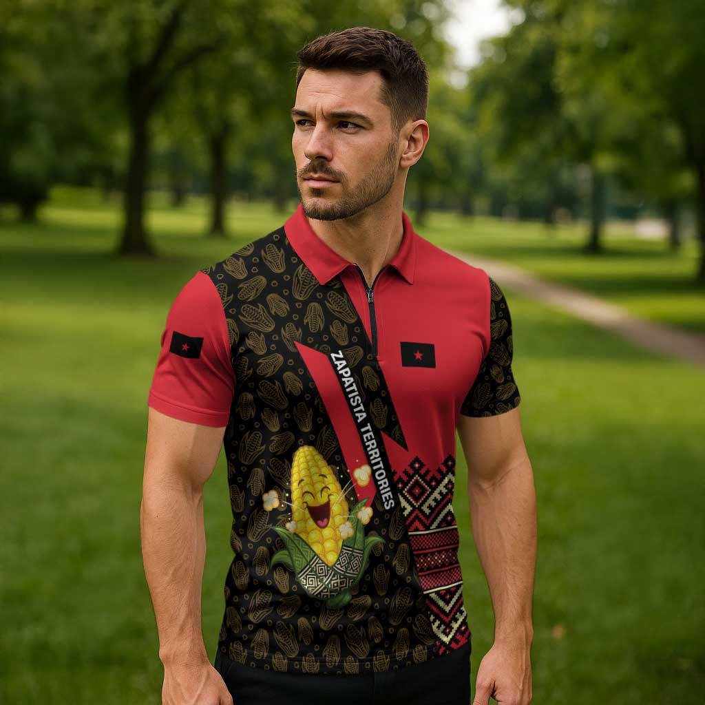 Zapatista Territories Zipper Polo Shirt Mexico with Corn Graphic and Indigenous Pattern Semillas de Libertad - Wonder Print Shop